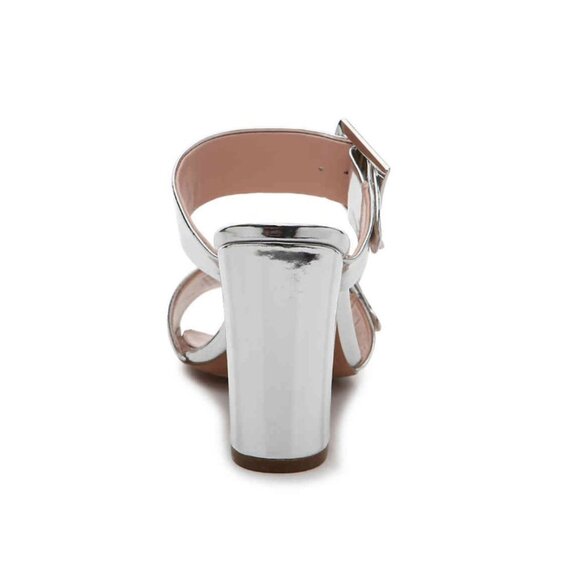 Silver Mirror Metallic Millie buckle wide strap block heel party mules 6.5 NIB - Picture 3 of 7